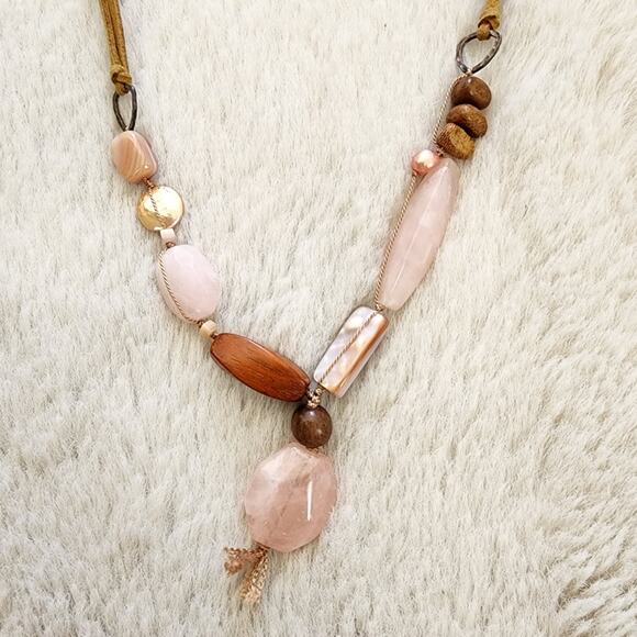 Peyote Bird Free Spirit Rose Quartz Brown Wood Beaded Leather Necklace NEW - Picture 2 of 12